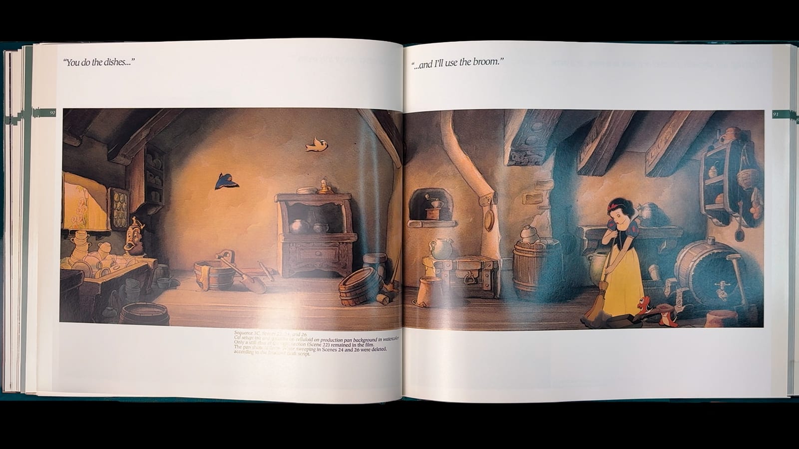 Snow White book spread — the kitchen and the cottage