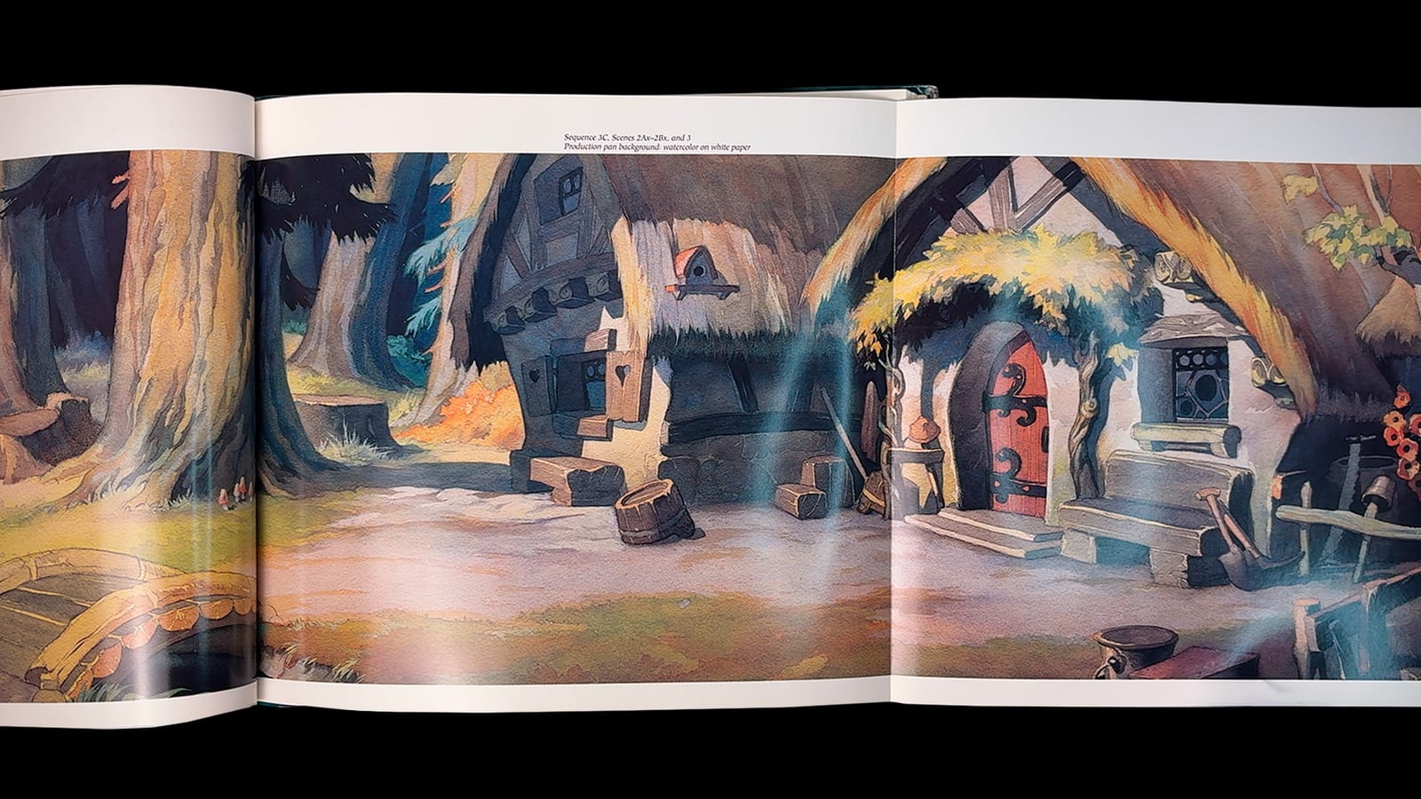 Snow White background art spread — the forest and the cottage