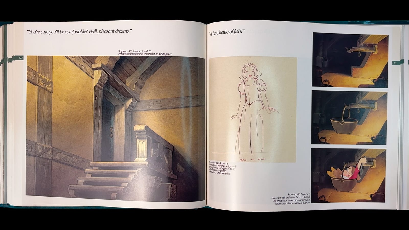 Snow White book spread — animation drawing and the dwarfs' cottage